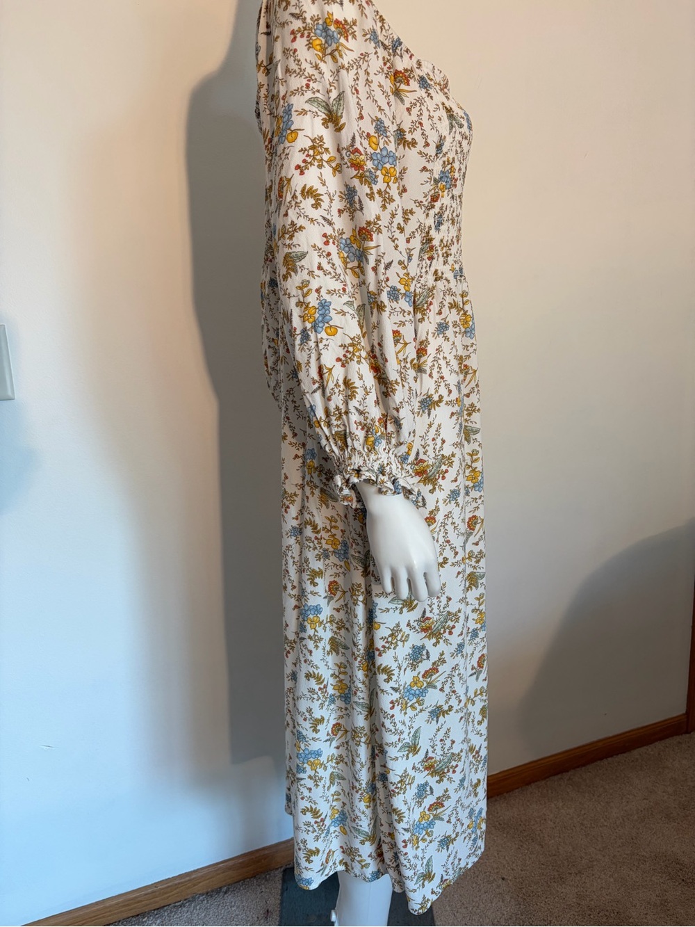 #875 a.n.a BoHo White Floral Smocked Maxi Dress with Blue and Yellow Blossoms - Picture 6 of 11